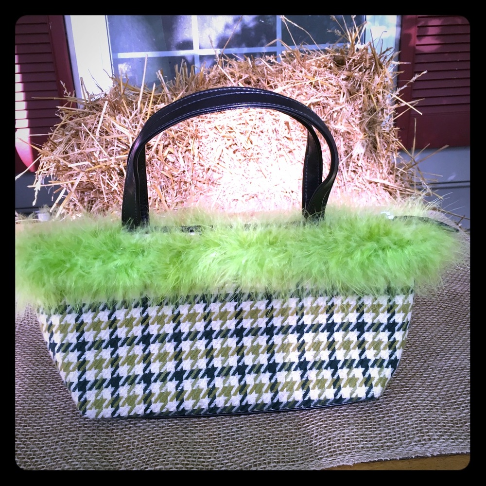 Houndstooth Purse with Lime Boa Trim FREE SHIP
